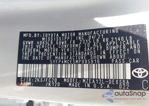 2021 Toyota Corolla Se z USA, uszkodzony, nr VIN 5YFP4MCE5MP085916